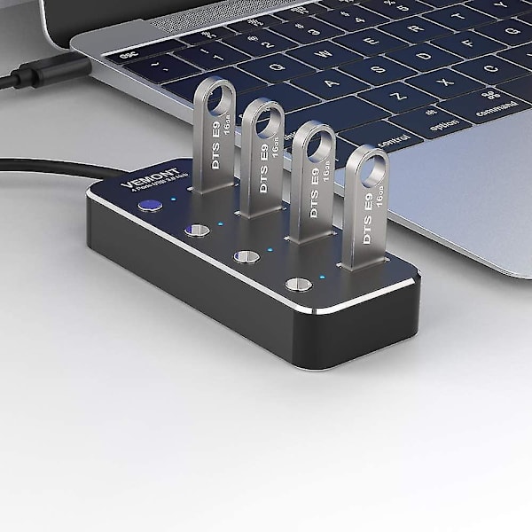 USB Hub 3.0 -jakaja, 4-porttinen USB-keskitin, alumiininen USB-datakeskitin erillisillä on/off-kytkimillä ja LED-valolla