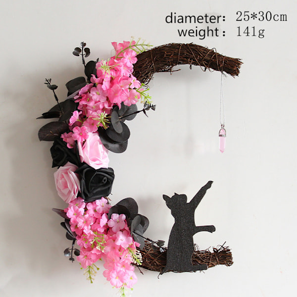 Halloween Moon Cat Garland Door Hängsmycke Festival Döda Grenar Växter Nymåne Halloween Dekoration Pink Flower Black Rose 30CM