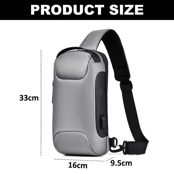 Sling Bag Anti-Theft USB Crossbody Ryggsäck Vattentät bryst Grey