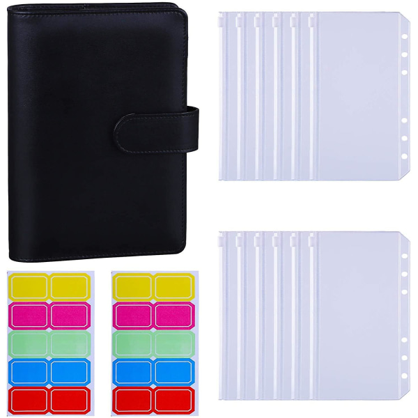 12 stk. A6 ringbindslommer løsbladsposer 6 ringbind Kontant budgetkonvoluttersystem, A6 Pu læderbindssæt Black