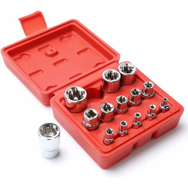 Tähtimalliset Torx-hylsyt tyyppi ERatchet box I Hylsyprofiilisarja E (ulkoiset Torx) E4 - E24, Irisfr (14 kpl pakkaus)