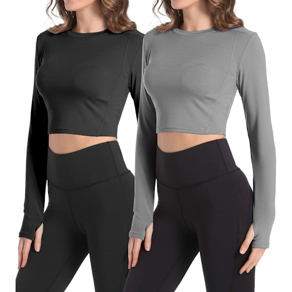 2-pack kvinnors Crop Top Långärmad Athletic Workout Yoga Shirts Beskurna