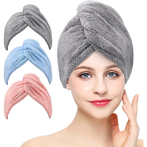 3-pak superabsorberende mikrofiber håndklæder med knapper til tørt hår (grå, lyserød, blå)