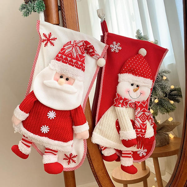 2-pack julstrumpor, 17,7 tums röda julstrumpor med 3D-stil Santa Snowman-karaktärsmönster