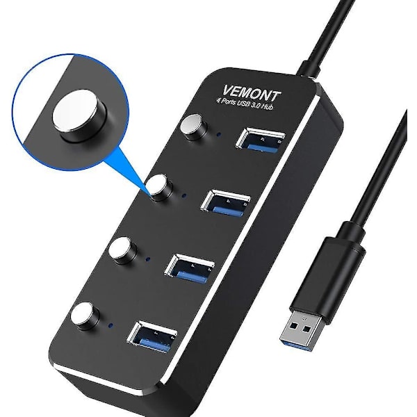 USB Hub 3.0 -jakaja, 4-porttinen USB-keskitin, alumiininen USB-datakeskitin erillisillä on/off-kytkimillä ja LED-valolla