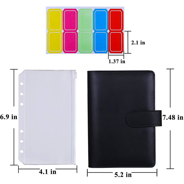 12 stk. A6 ringbindslommer løsbladsposer 6 ringbind Kontant budgetkonvoluttersystem, A6 Pu læderbindssæt Black
