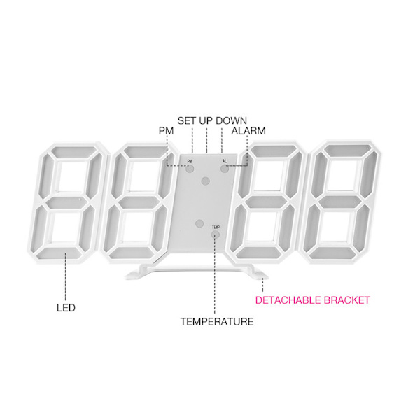 3D Digital watch Väggklocka LED Nattljus Datum Tid Vit 13.5x7.5x4.14cm