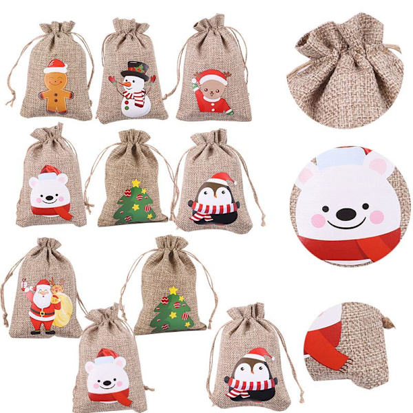 10 stk Trekkstrengpose Burlap Gavepose Party Godteriposer Santa Claus-10pcs