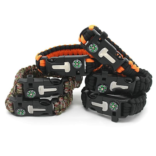 Overlevelsesarmbånd i Paracord; 5 i 1 Overlevelsessett. Paracord, flintfløyte, kompass, skrape/flaskeåpner. For fotturer, camping