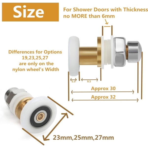 Duschdörrrullar 23mm, Duschhjul Löpare Fixeringsrullar Sl