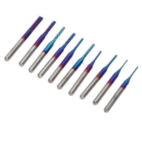 10st Nano Blå Beläggning Pinnfräs CNC Router Bits 1/8in Skaft Volframstål Spiral Router Bits för PCB Kolfiber Hårdträ 1.5‑3.175mm/0.06‑0.13in