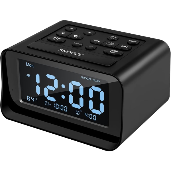 Klockradio med dubbla larm, digital väckarklocka med 2 USB laddningsportar, 0-100 % dimbar, justerbar volym, inomhustermometer（svart）