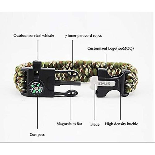 Overlevelsesarmbånd i Paracord; 5 i 1 Overlevelsessett. Paracord, flintfløyte, kompass, skrape/flaskeåpner. For fotturer, camping