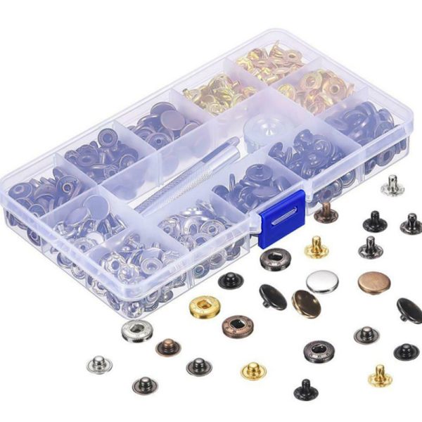 120 st 12,5 mm metallknappar och läder med snäppfästen