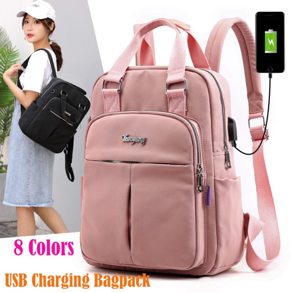 Laptop ryggsäckar USB laddning Bagpack reserygsäck skolväska Light pink