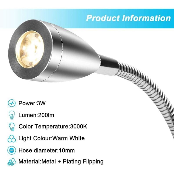 2st 3W Silver Vitt Ljus med Strömbrytare LED Rör Spotlight Vägglampa Inomhus Hotell Sovrum Läslampa, för Inomhus och Utomhus
