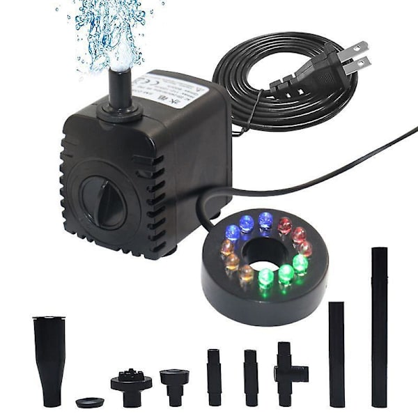 8W 600l/h nedsenkbar fontenepumpe med 12 fargerike LED-lys, svamp- og blomsterspruthode