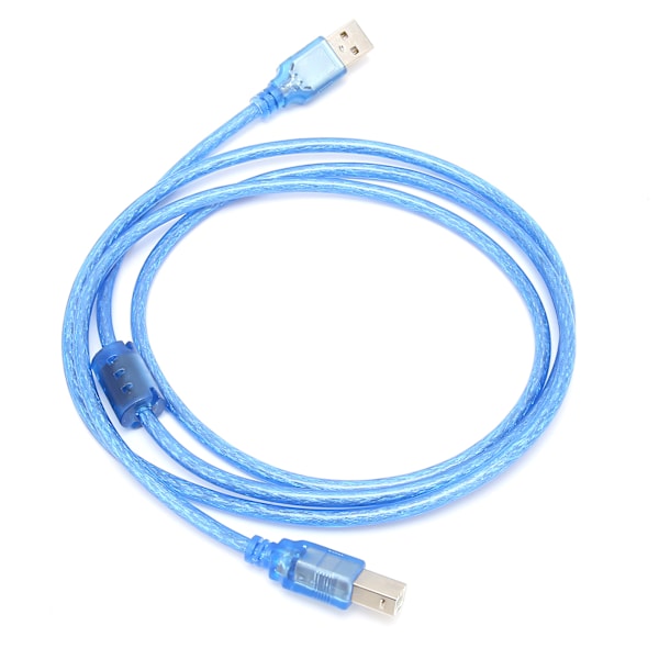 USB-datakaapeli A-uros - B-uros, läpinäkyvä sininen, nelikulmainen portti, tulostinliitäntäjohto, 5 metriä