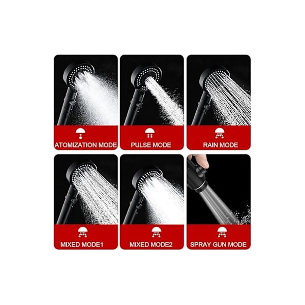 Högtryck Duschmunstycke Kit, Eco, 6 Spraylägen, Anti-Kalk Duschmunstycke, Lätt att Installera (Svart)