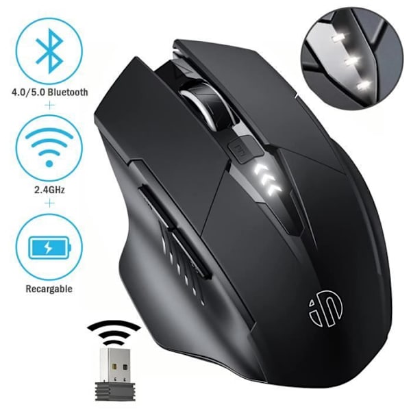 SDLOGAL hiljainen ladattava Bluetooth-hiiri (Tri-Mode: BT 5.0-4.0 + 2.4G), näkyvä akun varaustaso, musta