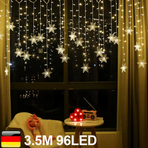 LED Snowflake Ljuskedja Ljusgardin Fönster Julbelysning Replika 3,5m 96st LED Varmvit Vit