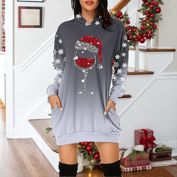 Kvinnors julmode Lös långärmad huvklänning grey M