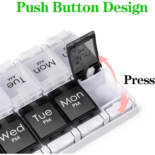 Am Pm Pill Organizer 7 päivää, 2 kertaa päivässä joka viikko Pill Black & White