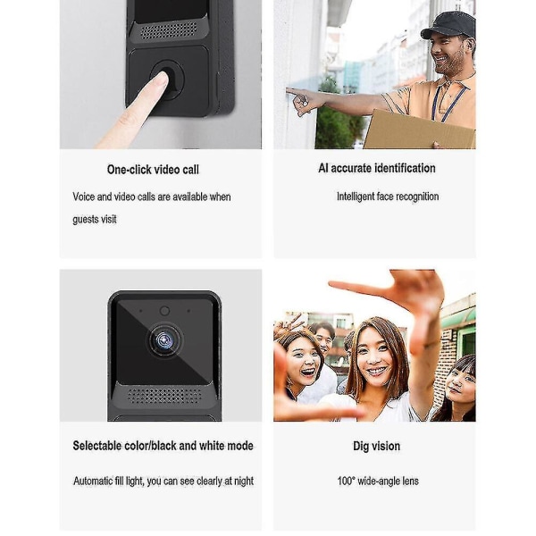 Smart trådløs dørklokke Wifi-dørklokke Genopladeligt indbygget batteri dørklokke (sort eller grå) black