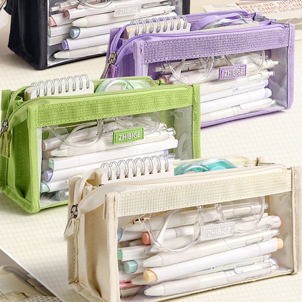 Sekslags pennepose Transparent penne lynlås pennepose White