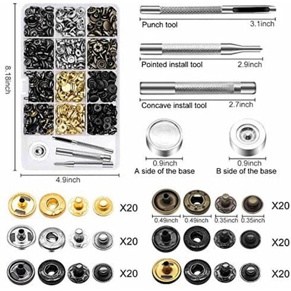 240 Sarjaa Nahkaniittejä Kaksinkertaiset Niitit Putkiniitit 4 Väriä 2 Kokoa Metalliniitit Kiinnitystyökaluilla DIY Nahkatöihin, Malli: 240 Sarjaa