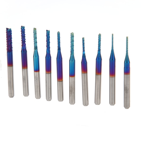 10st Nano Blå Beläggning Pinnfräs CNC Router Bits 1/8in Skaft Volframstål Spiral Router Bits för PCB Kolfiber Hårdträ 1.5‑3.175mm/0.06‑0.13in