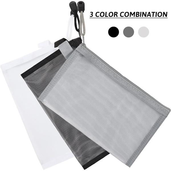 3-pack pennfodral i transparent mesh med dragkedja för smink och