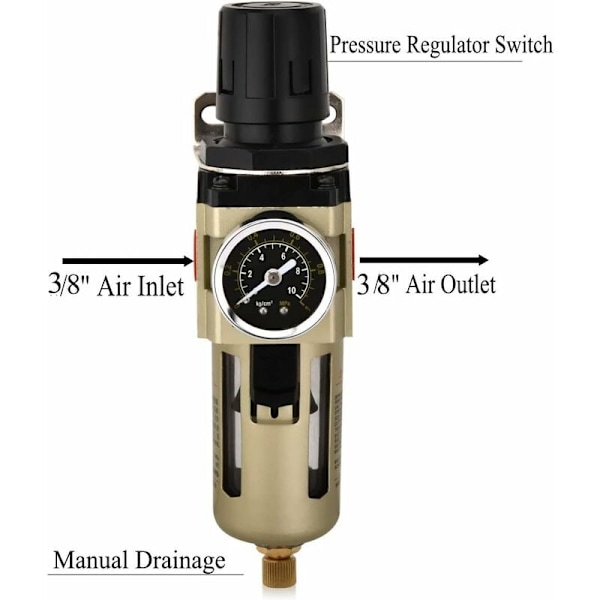Vannutskiller Trykkregulator Trykkluftkompressor Regulator med Metallskjerm 3/8 tommers Filter