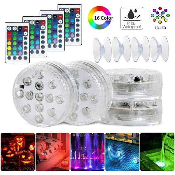 4 stk. Undervands LED Pool Lys RGB Farveskiftende IP68 Vandtæt til Pool Springvand Bryllupsfest Halloween Juledekoration (4 stk.)
