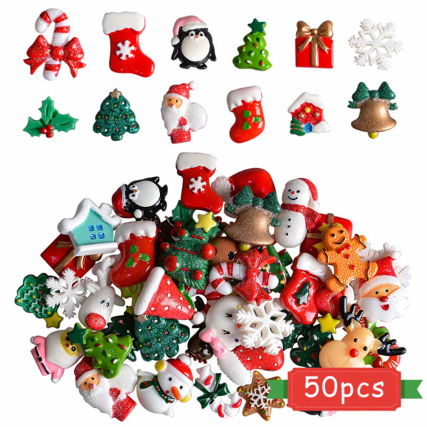 50 Resin Flatback Xmas Ornaments Santa Snowman Tree Bell Resin
