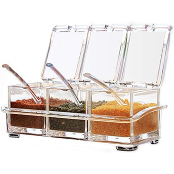 Kök genomskinlig akrylkryddlåda fyra i ett kryddlådor med skedar och kryddbehållare, köksredskap (3 ställ)