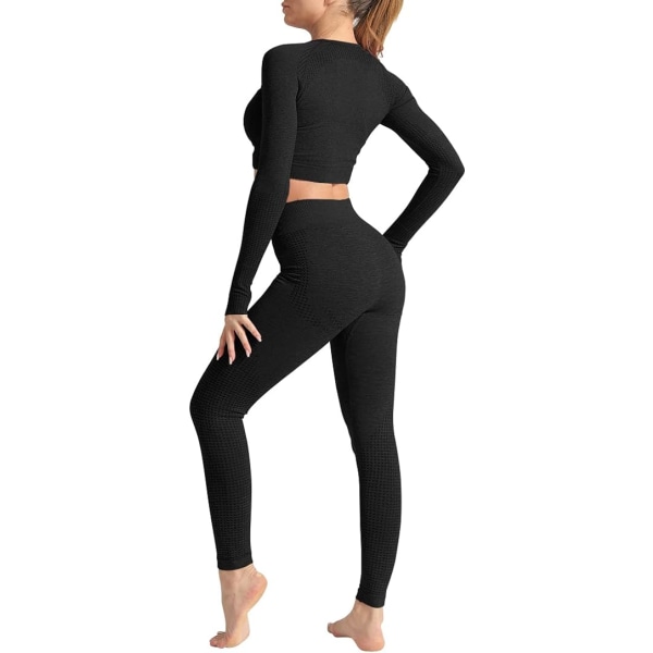 2 delar hög midja yoga outfit set Gym långärmad topp och jumpsuit (svart) S Black Black s