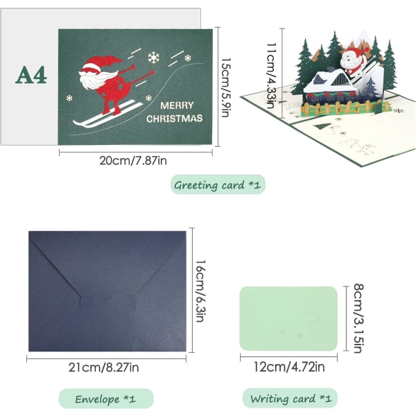 3D Pop Up-kort julekort, smukt julemand lykønskningskort med konvolut（ski）
