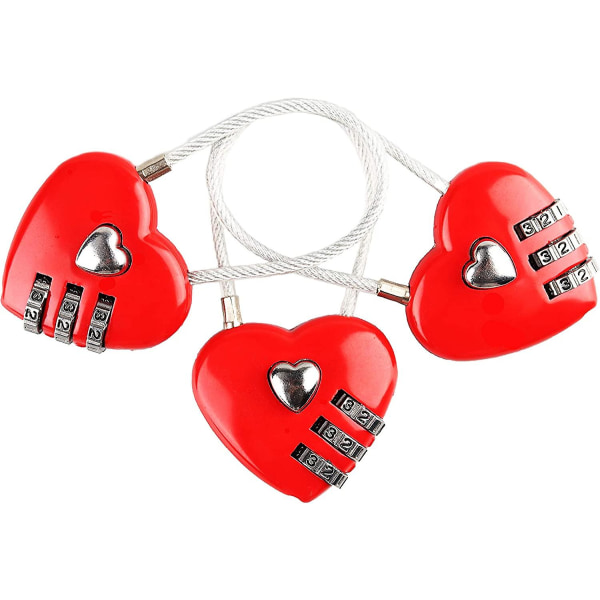 Punainen sydänriippulukko, minikoodilukko, lanka 3-numeroinen yhdistelmäriippulukko matkalaukuille/matkalaukuille/kaappi/reput/korurasia, 3 kpl