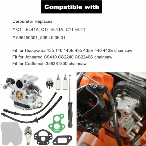 Moottorisahan suorituskyvyn optimointi: Husqvarna 435 435e 440 440e Kaasutinsarja - Korvaava C1T - EL41 506450501 [A++]