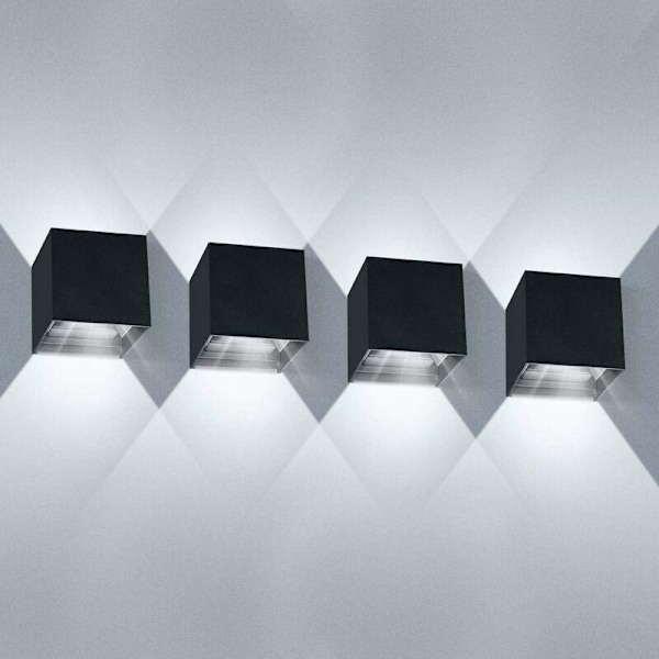 Pakke med 4 LED Væglamper Indendørs 12W Vandtæt IP65 Strålevinkel Moderne Væglamper Kølig Hvid 6000K til Stue Soveværelse (Sort)