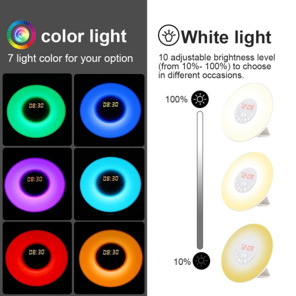Kreativ vekkerklokke for soloppganglys, musikklys for solnedgangshypnose, fargerik belysning, LED for hjemmet, liten nattlampe med FM