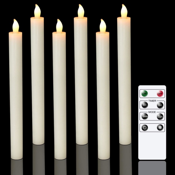 6-pak batteri-drevne LED-lys med fjernkontroll og timer, ekte voks flimrende varmt hvitt lys for vinduer, juledekor, hjem, bryllup, elfenben