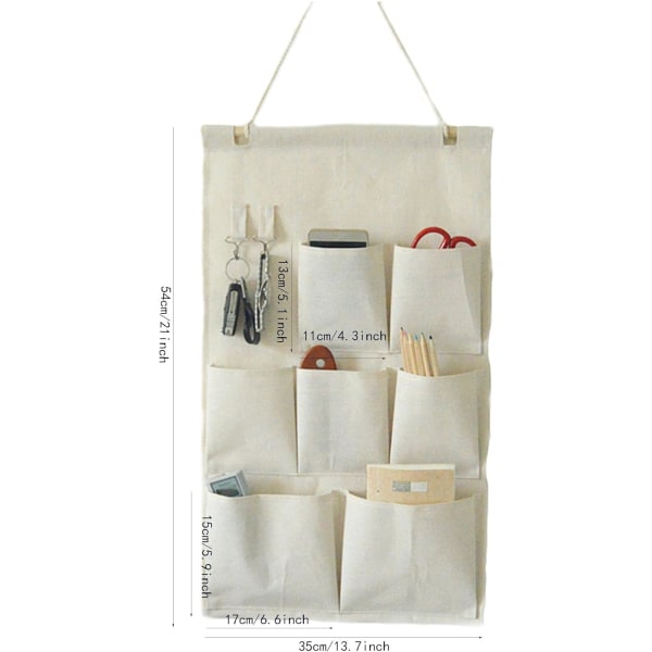 Förvaringsväska för garderobsdörr i linne/bomull, hängande med krokar (sju fickor)