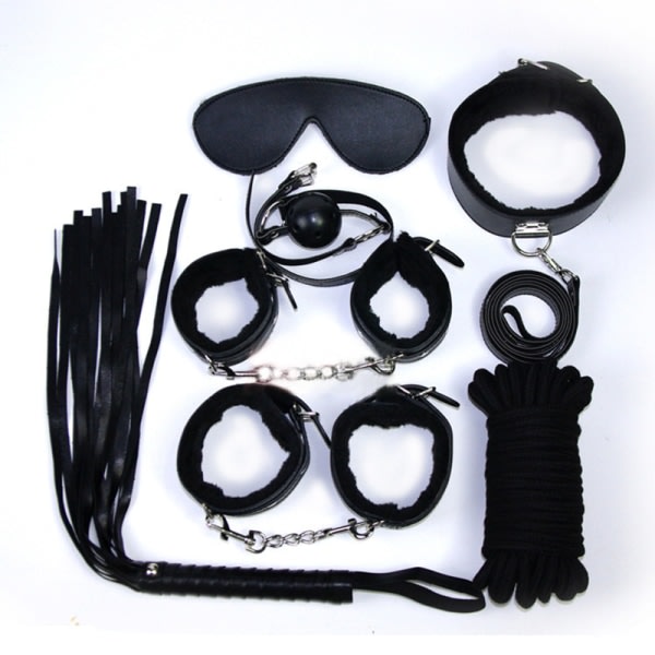 7st Cosplay set SM buntad kostym Flerfärgad plysch sexkit Ögonmask Munboll Piska Handbojor Boja Halsärm Black