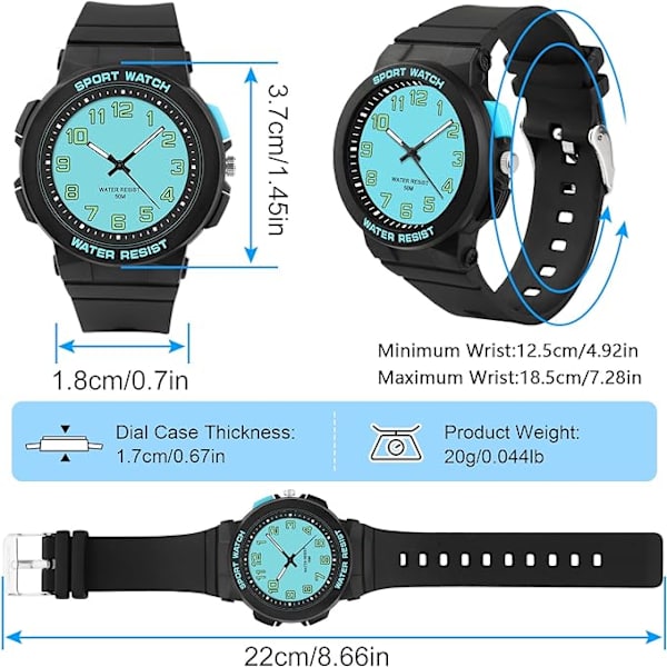 barnklockor pojkar flickor，Anag watch med bakgrundsbelysning，Tonårsbarn 5ATM vattentät analog watch Mjukt gummiband Lättläsbar urtavla Watch