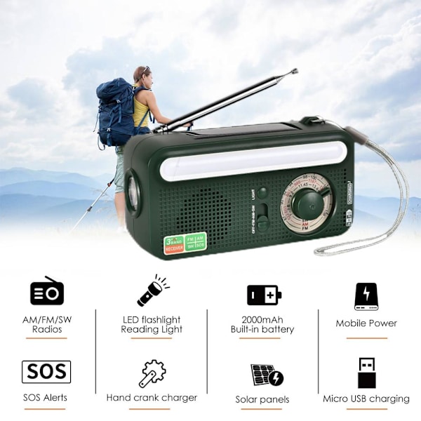 Bärbar Solcellsdriven Vevradio AM FM WB Multiband Dynamoradio med 2000 mAh Powerbank SOS Alarmfunktion för Camping Resor Nödsituationer