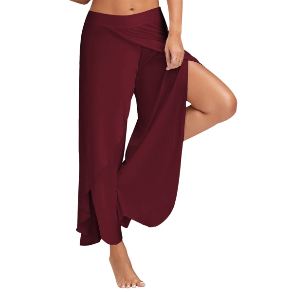 Yoga Bukser med Split Wide Legs til Kvinder, Casual Vinrød wine red L