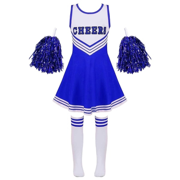 Barn Cheerleading Kostym Skoltjejer Cheerleader Uniformer Cheer Dans Outfits För Halloween Klänning Med Strumpor Blomma D_y Blue 7-8 Years
