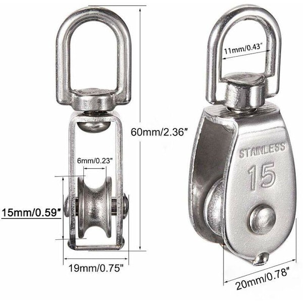 M15 Enkelt Trisse 304 Rustfrit Stål, 15MM Enkelte Trisser Rulleblok, Spil Drejekrog Glat Wire Reb Belastning 35 kg (12 Stk)